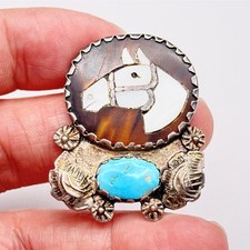Vintage Zuni Native Horse Mother of Pearl Turquoise Inlay Silver Pendant picture