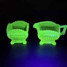NORTHWOOD VASELINE OPALESCENT ALASKA DECORATED CREAMER & SPOONER LATE 1800'S picture