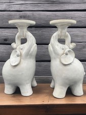 Ceramic / Stoneware Elephant Candle Holders Pair White Vintage Home Decor 10.5