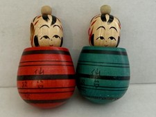 Vintage Japanese Kokeshi Tops Wooden Toys Pair Red Green Roly Poly Japan 2 picture