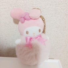 Sanrio My Melody Plush Mascot Keychain Pink Pom Pom Bow Charm picture