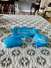 Vintage Blue Opalescent Slag Glass Vanity Set Milk Glass  picture