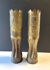 Antique WW1 Trench Art Etched Vases Pair picture