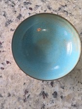Vintage Signed Leon Statham Speckled Aqua Blue Metal & Enamel Bowl Shows Wear picture