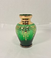 Vtg Vecchia Murano 24k Gold Gilt Emerald Green Hand-Blown Glass Bud Vase Italy picture