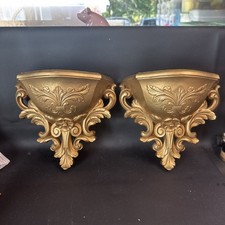 1978 Homco Gold Wall Planter Shelves Set of 2 Fleur De Lis Hollywood Regency MCM picture