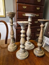 Set of 4 Primative Turned Wood Picket Candlestick Holders Distressed picture