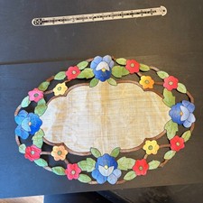 Vintage Hand Stitched Floral Applique Linen Oval Doily Colorful Pansy 17x11 picture