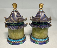 Chinese Export Silver Enamel Jade Pagoda Pepper Shaker & Open Salt W Spoon picture