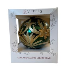 Vitbis Poland Hand Painted Large 6in Glass Ornament Gold Floral on Green NEW picture