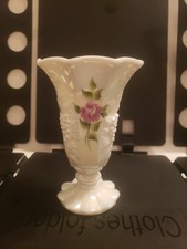 Vintage Westmoreland Paneled Grape Milk Glass Vase Hand Painted Roses, Signed picture