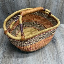 Woven African Bolga Ghana Market Basket Large Leather Handle picture