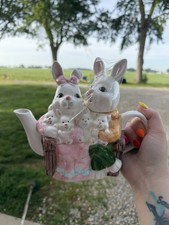 Ceramic Novelty Bunny Rabbit Teapot White/Pink Glazed w/ Lid Handle Animal picture