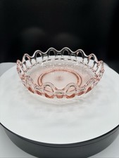 Vintage Pink Elegant Glass Bowl Etched Floral Open Lace Rim Starburst 8” picture