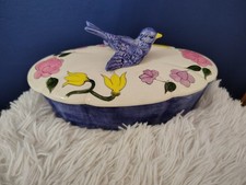 Vintage Ceramic Covered Trinket Box W Bird Handle Hand Painted  picture