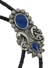 Vtg Blue Stone Ornate Western Bolo Tie Silver Tone Black Braided Cowboy Western picture