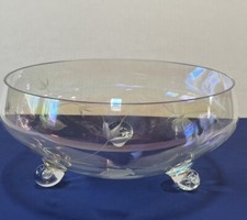Etched Crystal Three Footed Bowl Floral Leaf Design Clear Glass picture