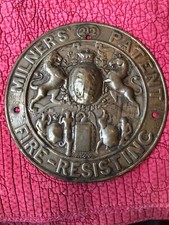 Antique Stamped Brass MILNERS’ PATENT FIRE-RESISTING SAFE Plaque Round Sign picture