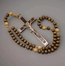 Rosary Brass Cross with Crucifix 1900s Antique French wooden Rosary Lourdes picture