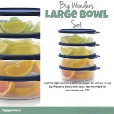 Tupperware Big Wonders Bowls 3 Cup / 700ml Set of 4 Sheer with Dark Blue Seal picture