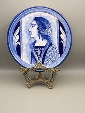 Vntg RARE Italian Maiolica Portrait Plate Cobalt Blue & White Signed Pericoli. G picture