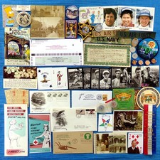 Vintage USA Ephemera 50+ Mixed Cards Stamps Pins Ads Patches Odd Junk Drawer Lot picture