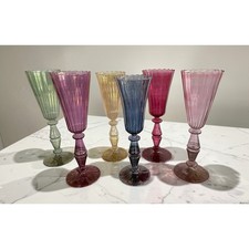 6 Handblown Venetian Murano Glass Iridescent Ribbed Champagne Flutes Multicolor picture