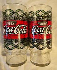 Coca-Cola Enjoy Coke Clear Glass Tumblers Bottle Design Set of 2 Red Label picture