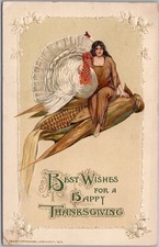1915 Winsch / Schmucker THANKSGIVING Postcard Indian Woman & White Turkey / Corn picture
