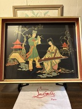 Vintage Chinese Reverse Painted Glass Art Musicians Pagoda Gold Framed picture