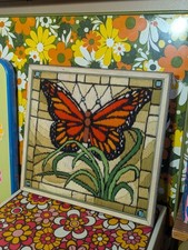 Bucilla Butterfly Window Long stitch Needlepoint Art MCM VTG 70s Embroidery picture