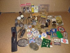 Vintage Junk Drawer Lot Knives, Lighters, Sterling Set, Pins, Medals, Coins +++ picture