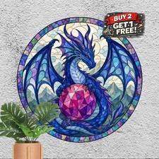 Fantasy Blue Dragon Perched Stained Glass Round Metal Sign Decor 8x8 picture