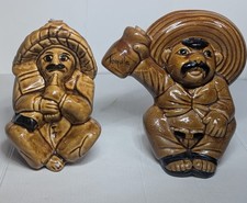 Vintage Mexican Ceramic Tequila Decanters Sombrero Men Flasks Set of 2 Brown picture