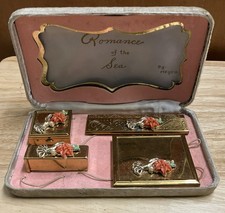 Heyco Romance of the Sea Vintage Vanity Set Collectible Gold Tone Box 4pcs picture