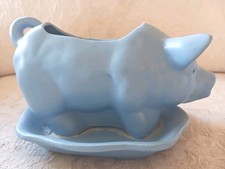 Charming Vtg CDP Blue Glazed Natural White Clay Ceramic Pig Planter Hand Crafted picture