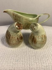 MCM “Raffia” Vernonware Green & Brown Brushstrokes Gravy Boat Salt & Pepper picture