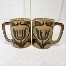 Vintage Japanese Otagiri Stoneware Mugs 1970s Retro Floral Pottery Coffee Cups picture