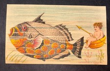 Victorian Trade Card Absurd Baby Riding Trigger Fish Antique Colorful Surreal picture