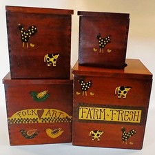 Vintage Wood Kitchen Canister Set Dovetail Lids Farm Fresh Folk Art Storage VGUC picture