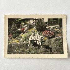 Vintage Snapshot Photograph Lovely Couple With Dog Beautiful Tinted Flowers picture