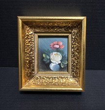 Hand-Painted Mini Oil Painting Still Life Floral Gold Frame Verilyn Gallery 3” picture
