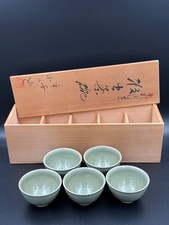 Kato Risho III Kyoto Kiyomizu Celadon Crackle Kumidashi Sencha Tea Cup Set 5 Box picture