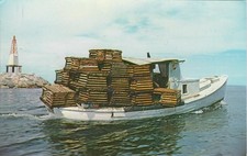 Chrome Postcard Lobster Fishermen Head Out of Rockport MA Harbor to Set Traps picture