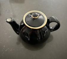 Vintage Boston Style HALL CERAMIC 2-Cup TEAPOT W/LID Black Gold Trim picture