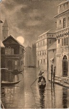 Venice Italy Canal Moonlight Night Scene Gondola Divided Back Postcard c1913 picture