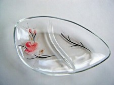 Mid Century Divided Dish Hand Painted Pink Rose Clear Glass Candy Relish picture