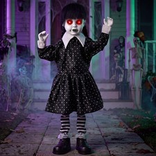 Spooky Animatronic School Girl Doll Prop - Sound Activated, LED Eyes, Creepy Sou picture