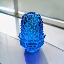 VTG Fenton Bright Colonial Blue Hobnail Fairy Lamp 2pc Art Glass 1970s Gorgeous picture