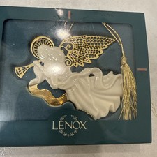 Lenox Christmas Ornament Porcelain Angel with Gold Wings & Gold Trumpet Boxed picture